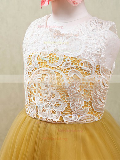 Multi Colours Lace Tulle Scoop Neck Covered Button Ankle-length Flower Girl Dress #01031875