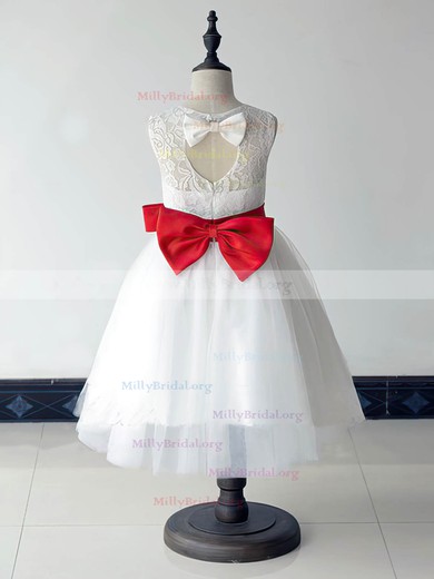 White Lace Tulle Scoop Neck Sashes/Ribbons Ankle-length Flower Girl Dresses #01031880