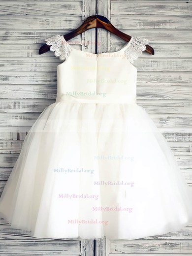 New Arrival Ankle-length Sashes/Ribbons White Satin Tulle Ball Gown Flower Girl Dress #01031881