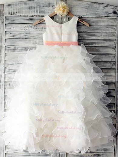 Scoop Neck White Organza Sashes/Ribbons and Tiered Floor-length Flower Girl Dress #01031883