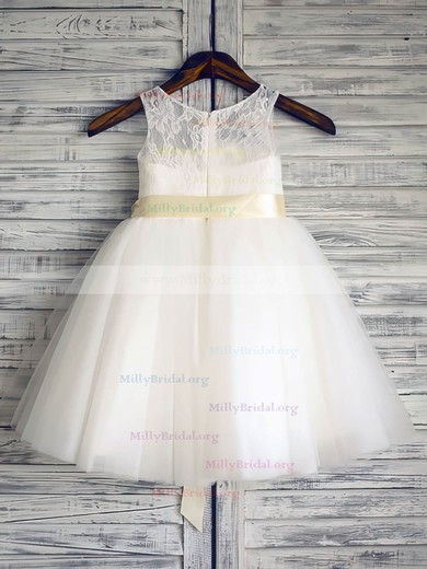 New Ivory Lace Tulle Ankle-length Sashes/Ribbons Scoop Neck Flower Girl Dresses #01031885