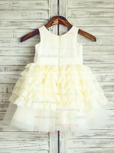 Ankle-length Scoop Neck Tiered Light Yellow Lace Satin Tulle Flower Girl Dress #01031886