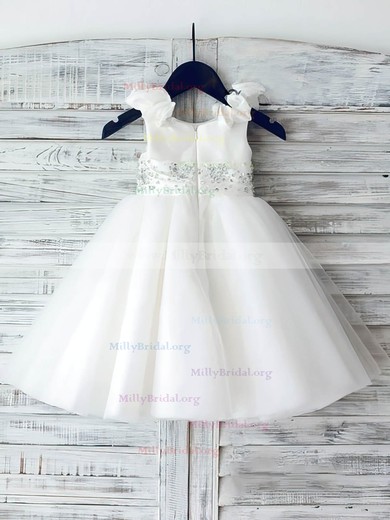 Scoop Neck White Satin Organza Ankle-length Beading Popular Flower Girl Dress #01031887