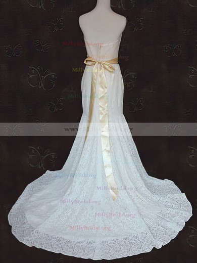 Trumpet/Mermaid Strapless Ivory Lace Sashes / Ribbons Court Train Simple Wedding Dress #00021424
