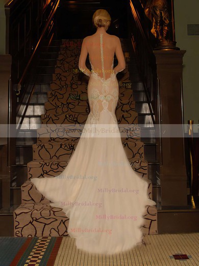 Multi Colours Chiffon Tulle Long Sleeve with Appliques Lace Trumpet/Mermaid Wedding Dress #00021443