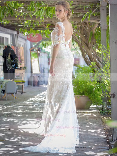 Watteau Train Ivory 1/2 Sleeve Sparkly Lace Trumpet/Mermaid Wedding Dresses #00021451