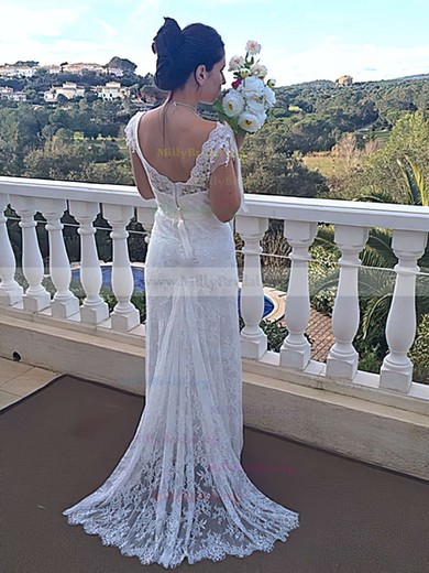 Designer Off-the-shoulder Ivory Lace Watteau Train Trumpet/Mermaid Wedding Dresses #00021460