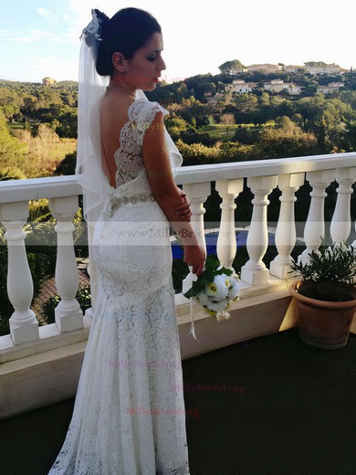 Sweetheart Straps with Beading Open Back Ivory Lace Trumpet/Mermaid Wedding Dresses #00021461