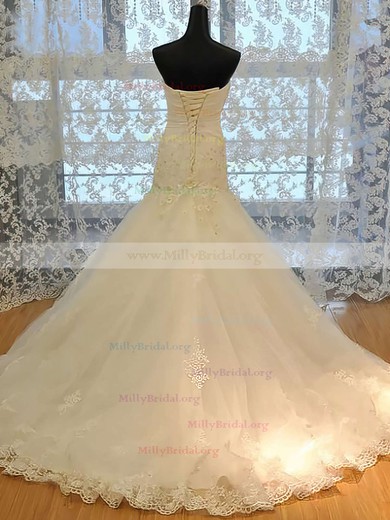 Affordable Sweetheart Satin Tulle Appliques Lace and Lace-up Trumpet/Mermaid Wedding Dresses #00021489