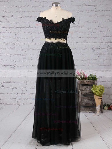 Popular Black Tulle Two Piece Off-the-shoulder Long Prom Dresses #02019106