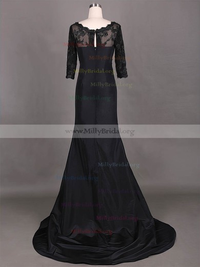 Affordable Sheath/Column Black Taffeta Lace 1/2 Sleeve Sweep Train Mother of the Bride Dress #01021315