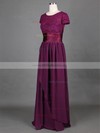 Scoop Neck Grape Lace Chiffon Sashes / Ribbons Short Sleeve A-line Mother of the Bride Dress #01021316