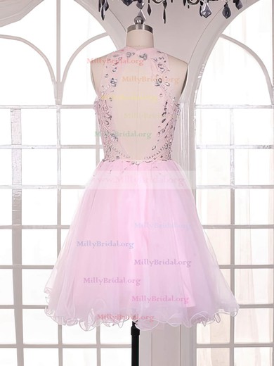 Open Back Short/Mini Tulle Elastic Woven Satin Beading Cute Pink Homecoming Dresses #02051726