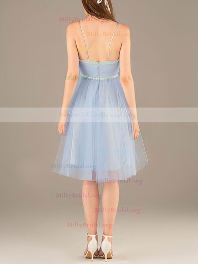 V-neck Spaghetti Straps Light Sky Blue Tulle Beading Simple Knee-length Homecoming Dress #02051780