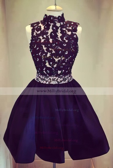 Black High Neck Satin Open Back Appliques Lace Vintage Prom Dress #02019730