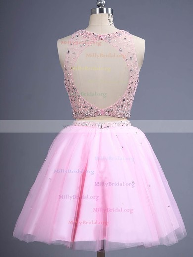 Trendy Two Piece Short/Mini Scoop Neck Pink Tulle Beading Prom Dress #02019884
