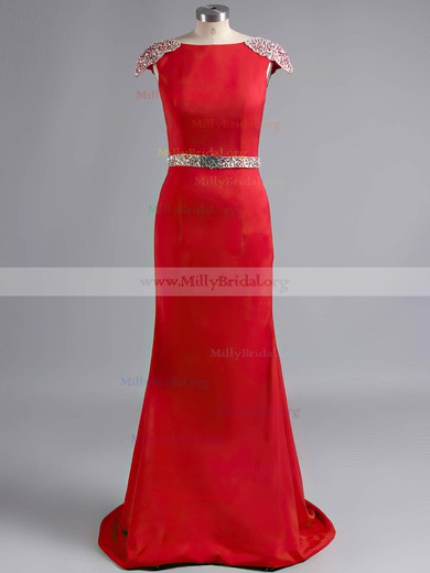 Red Sheath/Column Silk-like Satin Appliques Lace with Cap Straps Gorgeous Prom Dress #02019924