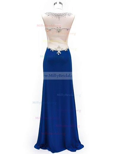 Modest Royal Blue Silk-like Satin Crystal Detailing Scoop Neck Split Front Long Prom Dress #02019986
