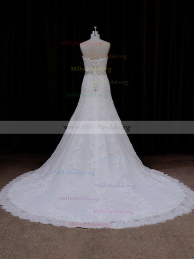 Strapless Ivory Lace-up Tulle Appliques Lace Chapel Train Wedding Dress #Milly00021667