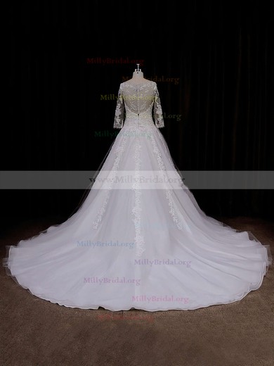 Chapel Train Ivory Tulle Appliques Lace 3/4 Sleeve Scoop Neck Wedding Dress #Milly00021788
