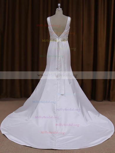 Scoop Neck White Satin Sashes/Ribbons Backless Trumpet/Mermaid Wedding Dresses #Milly00021917