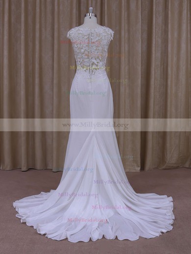 Lace Chiffon Covered Button Ivory Scoop Neck Modest Sheath/Column Wedding Dress #Milly00021942