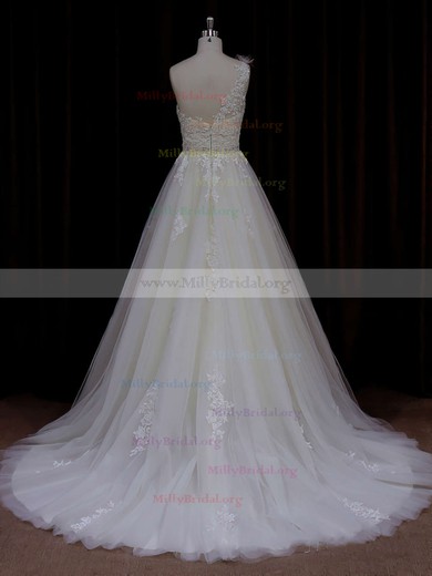 Modern A-line One Shoulder Tulle Appliques Lace Ivory Wedding Dress #Milly00021784