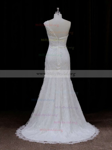 Modest Ivory One Shoulder Lace Sequins Trumpet/Mermaid Wedding Dresses #Milly00021940