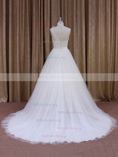 Elegant One Shoulder White Tulle Sashes/Ribbons Ball Gown Wedding Dress #Milly00021956