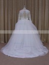 Ivory V-neck Tulle Appliques Lace Long Sleeve Ball Gown Wedding Dress #Milly00021982
