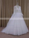 Ivory V-neck Tulle Appliques Lace Long Sleeve Ball Gown Wedding Dress #Milly00021982