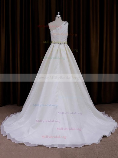 One Shoulder Beading Ivory Organza Sweep Train Fashion Wedding Dress #Milly00022012