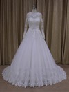 Chapel Train Scoop Neck Tulle Appliques Lace Ivory Long Sleeve Wedding Dresses #Milly00022050