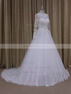Chapel Train Scoop Neck Tulle Appliques Lace Ivory Long Sleeve Wedding Dresses #Milly00022050