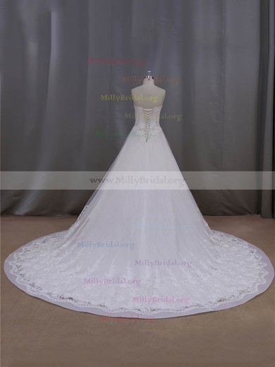 Chapel Train Ivory Lace Tulle Beading Affordable Strapless Wedding Dresses #Milly00022063