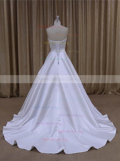 Wholesale Sweetheart Satin Beading Court Train White Wedding Dresses #Milly00022068
