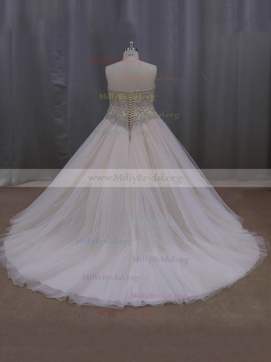 Sweetheart Tulle Crystal Detailing Court Train Fashion Champagne Wedding Dresses #Milly00022069