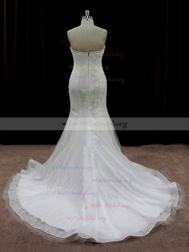 Fashion Tulle Appliques Lace Trumpet/Mermaid Ivory Strapless Wedding Dresses #Milly00022074