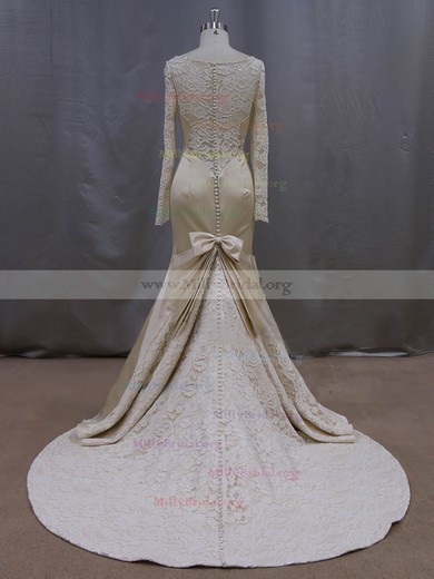 Luxurious Trumpet/Mermaid Scoop Neck Champagne Lace Satin Long Sleeve Wedding Dresses #Milly00022083