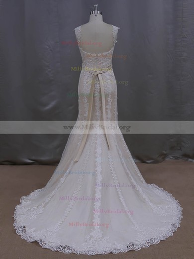 Noble V-neck Ivory Lace Tulle Sashes/Ribbons Trumpet/Mermaid Wedding Dresses #Milly00022085