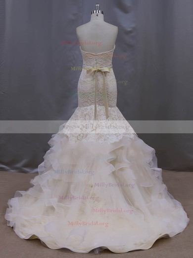 Champagne Court Train Tiered Lace Tulle Trumpet/Mermaid Classic Wedding Dresses #Milly00022086