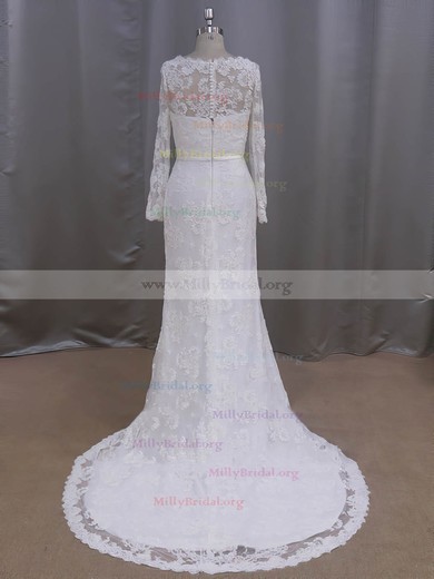 Sheath/Column Lace with Sequins Ivory Court Train Long Sleeve Wedding Dresses #Milly00022090