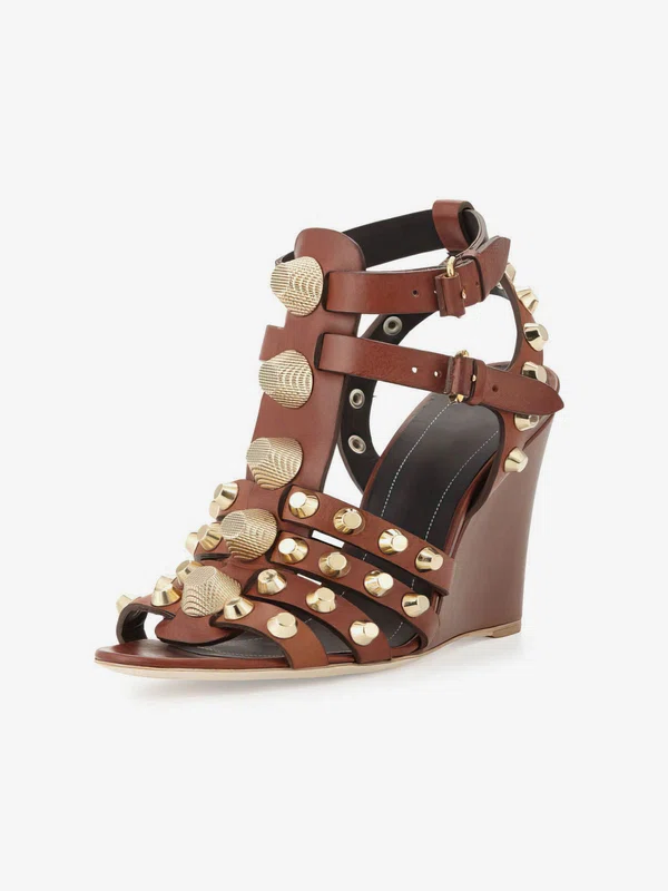 Women's Brown Real Leather Wedge Heel Sandals #Milly03030767