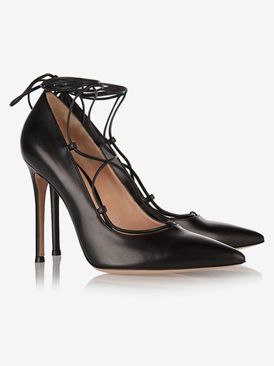 Women's Black Real Leather Stiletto Heel Pumps #Milly03030775