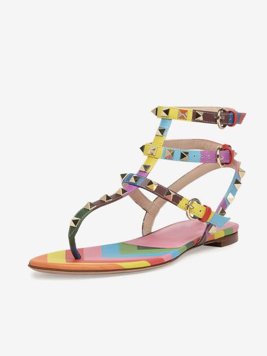 Women's Multi-color Real Leather Flat Heel Sandals #Milly03030779