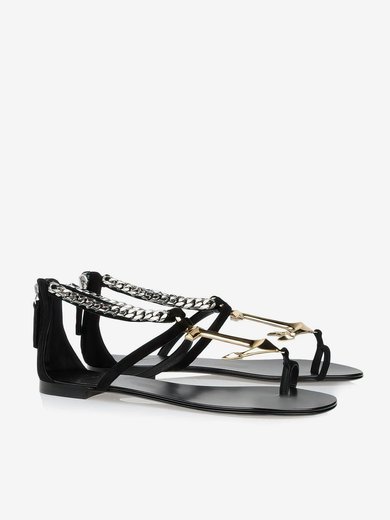 Women's Black Real Leather Flat Heel Sandals #Milly03030795