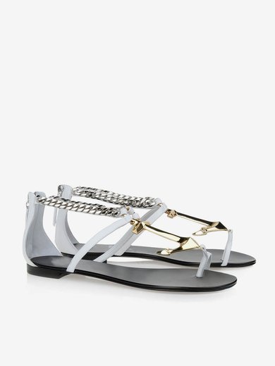 Women's White Real Leather Flat Heel Sandals #Milly03030797
