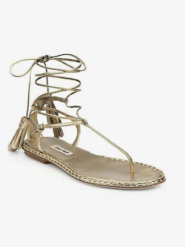 Women's Light Golden Real Leather Flat Heel Sandals #Milly03030818
