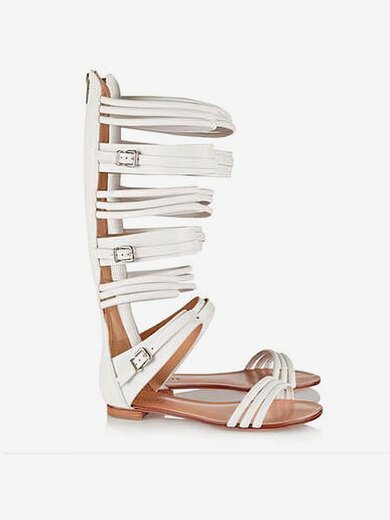 Women's White Real Leather Flat Heel Sandals #Milly03030822