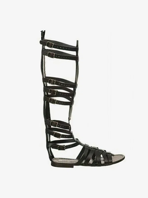 Women's Black Real Leather Flat Heel Sandals #Milly03030833